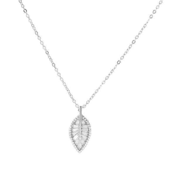 FX1189 925 Sterling Silver Full CZ Leaf Pendant Necklace
