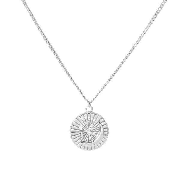 FX1186 925 Sterling Silver Moon Star Diamond Pendant Necklace