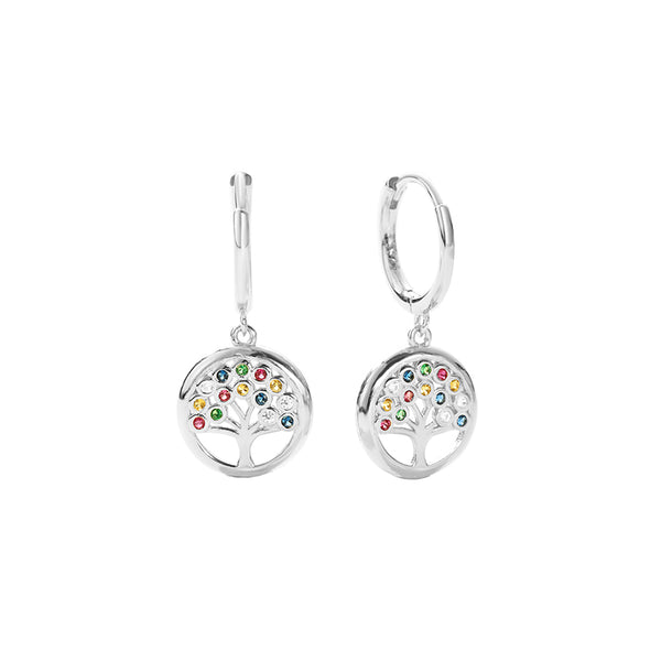 FE2732 925 Sterling Silver Cubic Zirconia Colorful Peace Tree Dangle Hoop Earrings