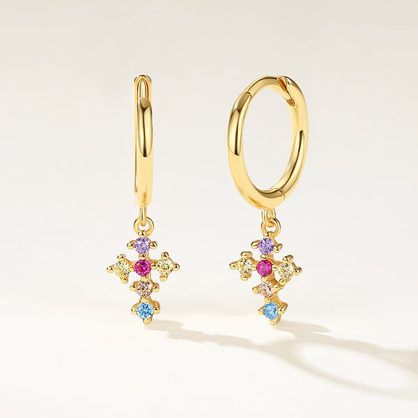 FE2190 925 Sterling Silver Colorful CZ Cross Dangle Earrings