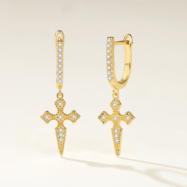 FE2241 925 Sterling Silver Pave Cross Dangle U Shape Hoop Earrings
