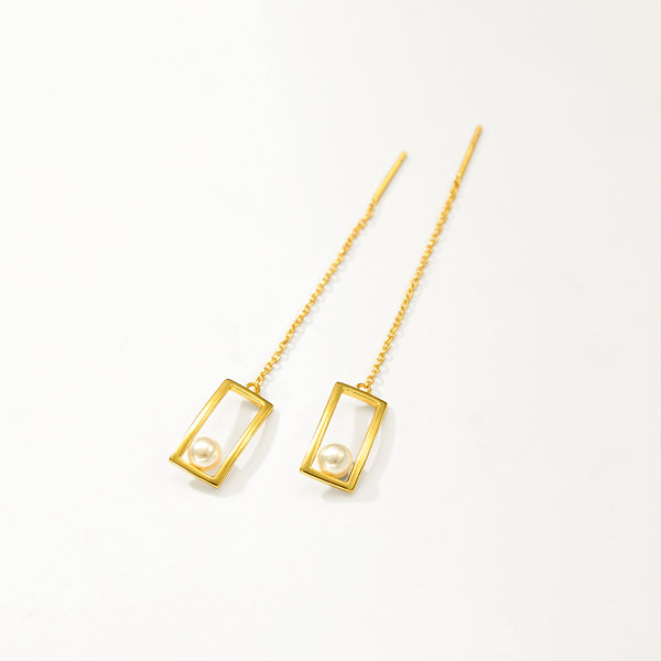 FE2856 925 Sterling Silver Pearl Square Chain Stud Earring