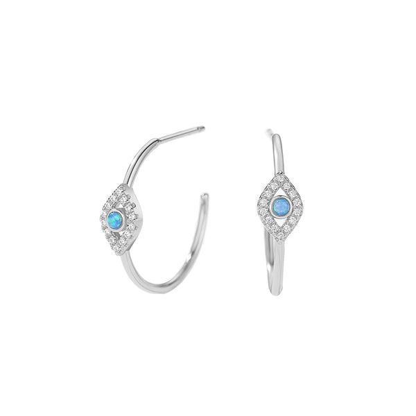 FE2902 925 Sterling Silver Blue Opal Evil Eye Hoop Earring
