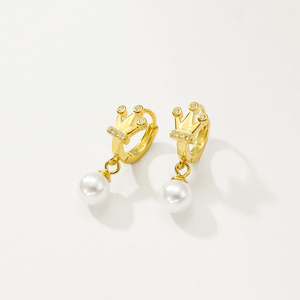 FE2779 925 Sterling Silver Crown Hoop Pearl Dangle Earring
