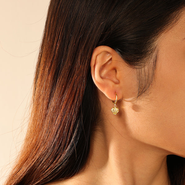 FE2726 925 Sterling Silver Cubic Zirconia Shell Dangle Hoop Earrings