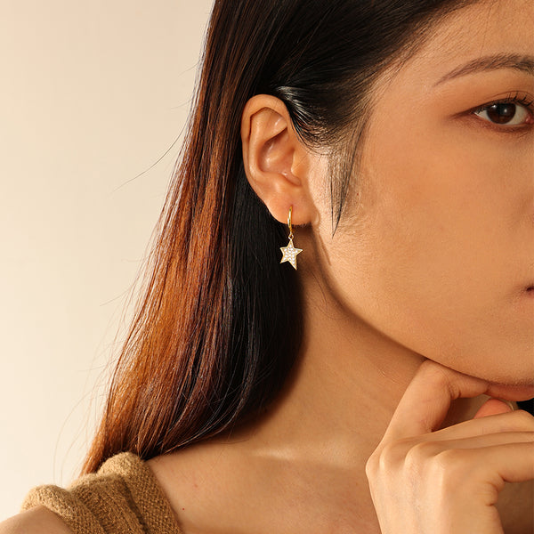 FE2730 925 Sterling Silver Cubic Zirconia Irregular Star Dangle Hoop Earrings