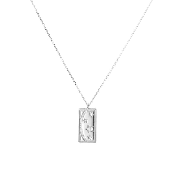 FX1182 925 Sterling Silver Rectangular Moon Star Pendant Necklace