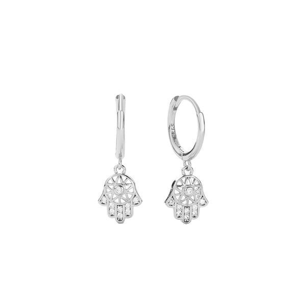FE2814 925 Sterling Silver CZ Lucky Palm Dangle Hoop Earrings