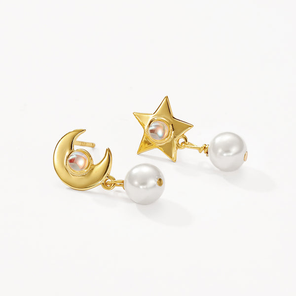 VFE0046 Star Crescent Moonstone Drop Stud Earrings