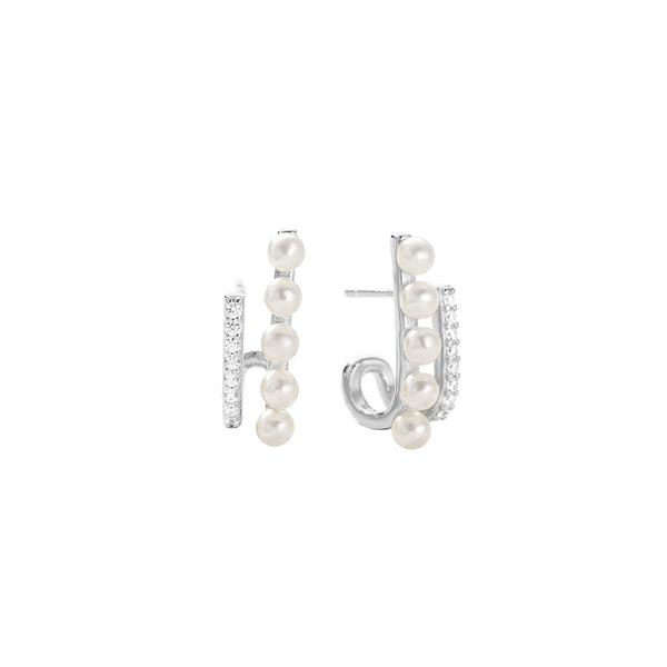 FE2855 925 Sterling Silver Pearl & CZ Hoop Earring