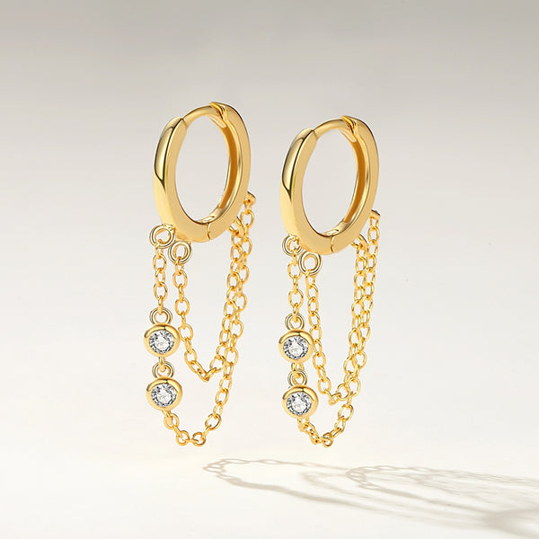 FE2177 925 Sterling Silver Double Bezels Chain Dangle Hoop Earrings