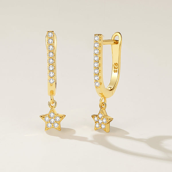 FE2239 925 Sterling Silver Shining Star Dangle U Shape Hoop Earrings
