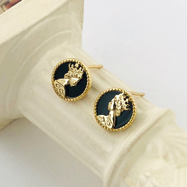 FE2474 925 Sterliang Silver Queen's Portrait Pearl Onyx Stud Earring