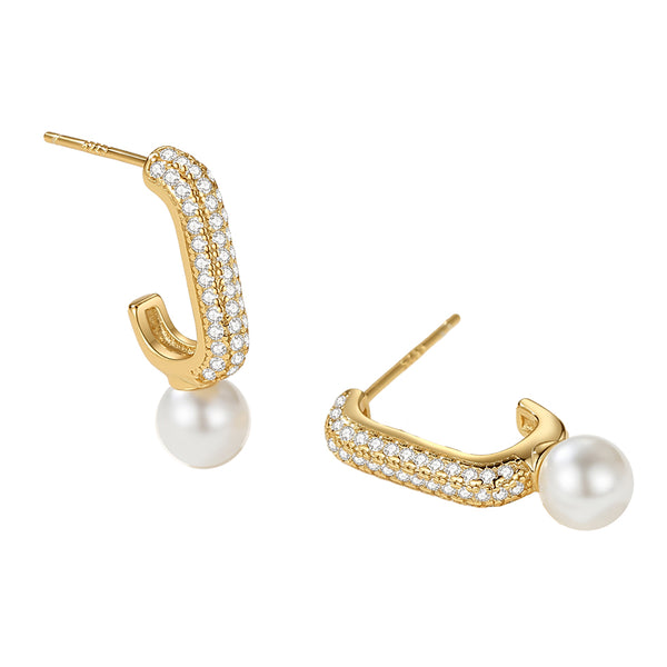 FE2104 Shell Pearl Pave Cubic Zirconia Hoop Earrings