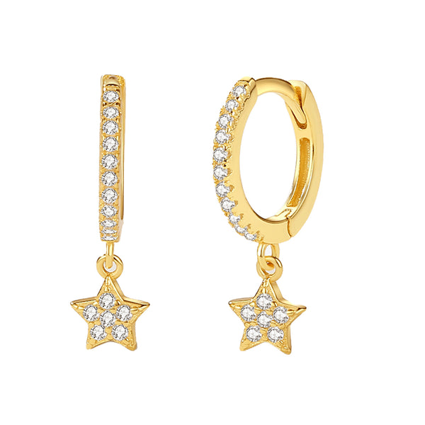 FE2117 925 Sterling Silver Dainty Zirconia Star Dangle Hoop Earrings