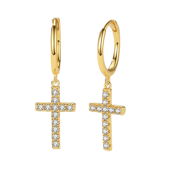 FE2130 925 Sterling Silver Pave Zirconia Cross Dangle Hoop Earrings