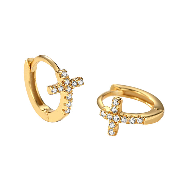 FE2147 925 Sterling Silver CZ Cross Band Hoop Earrings