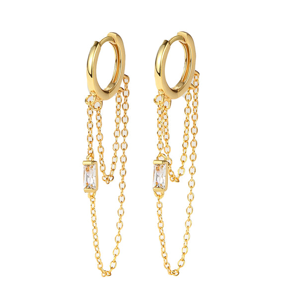 FE2155 925 Sterling Silver Rectangle CZ Double Chain Hoop Earrings