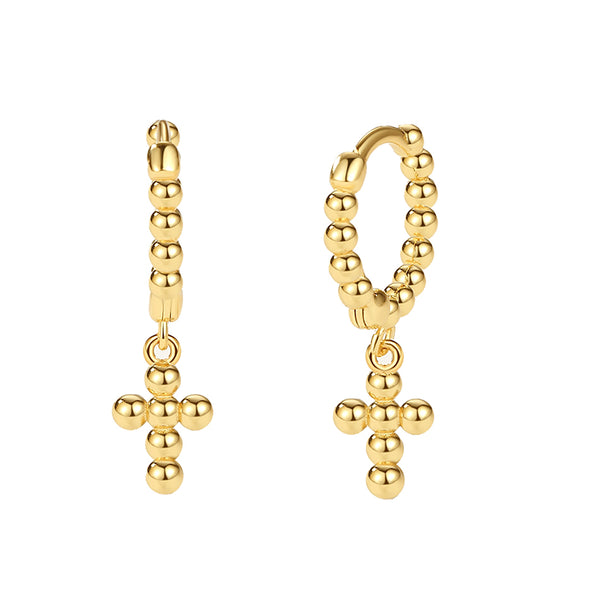 FE2165 925 Sterling Silver Bead Cross Dangle Hoop Earrings