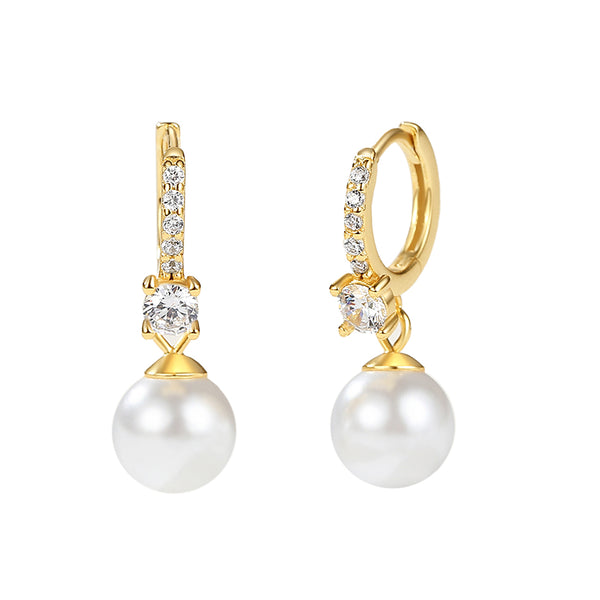 FE2171 925 Sterling Silver Plump Shell Pearl CZ Dangle Hoop Earrings