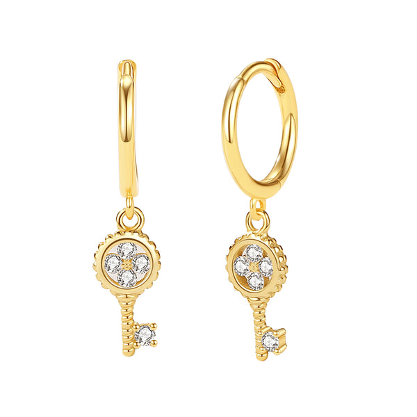 FE2189 925 Sterling Silver CZ Key Dangle Earrings