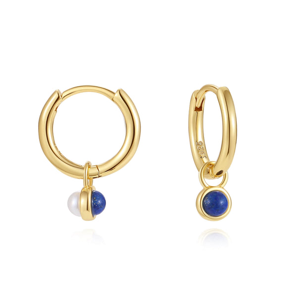 VFE0538 Lapis Lazuli & Shell Pearl Spin Drop Hoop Earring