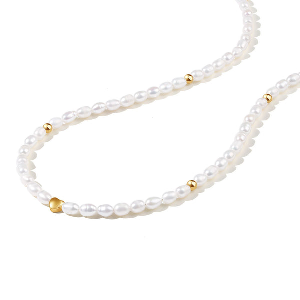 PN0089 925 Sterling Silver Gold Bead Freshwater Pearl Beaded Necklace