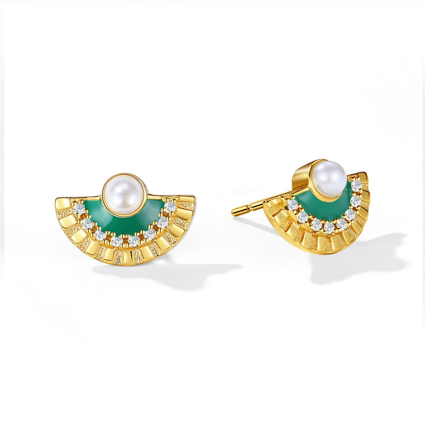 VFE0071 Vingate Green Enamel & Shell Pearl Stud Earrings