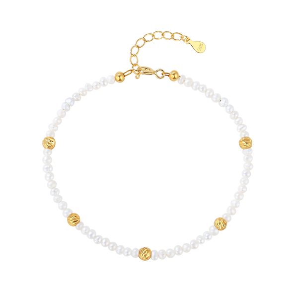 PB0100 925 Sterling Silver Freshwater Pearl Gold Beaded Bracelet