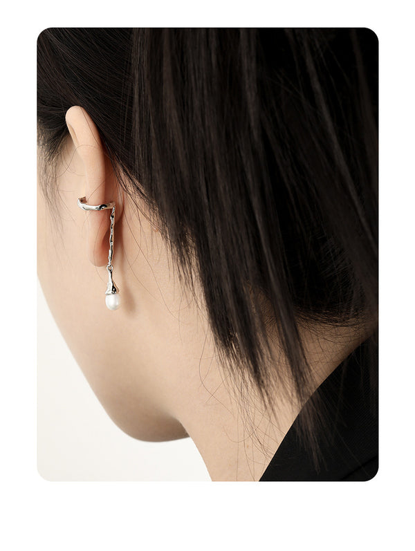 RHE1115 925 Sterling Silver Freshwater Pearl Long Dangle Ear Cuff