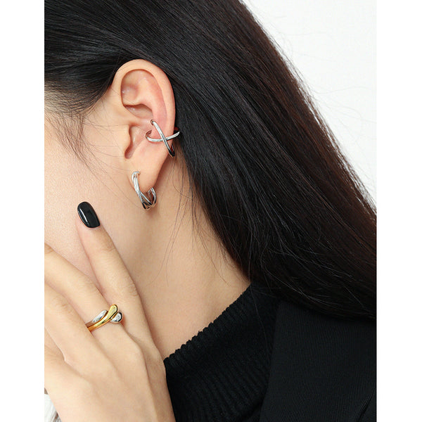 RHE1129 925 Sterling Silver X Shape Glossy Ear Cuff