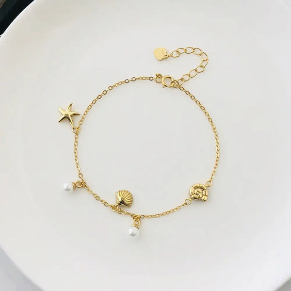 FS0315 925 Sterling Silver Shell Pearl Star Bracelet 18K Gold Bracelet