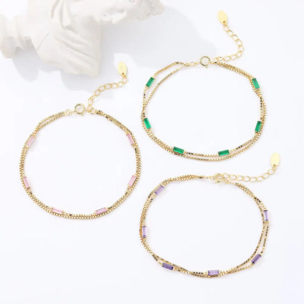 FS0317 925 Sterling Silver Double Layer Colorful Zircon Bracelet Bracelet