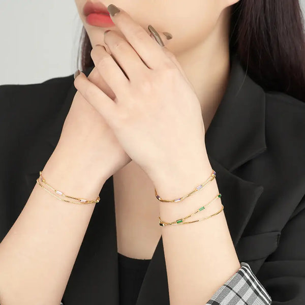 FS0317 925 Sterling Silver Double Layer Colorful Zircon Bracelet Bracelet