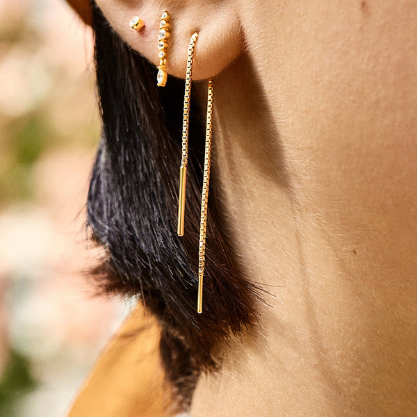 FE2041 925 Sterling Silver Vertical Bar Box Chain Threader Earrings