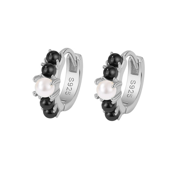 PE0132 Shell Pearl Black Onyx Hoop Earrings