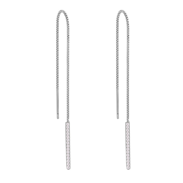 FE2041 925 Sterling Silver Vertical Bar Shell Pearl Long Chain Stud Earrings