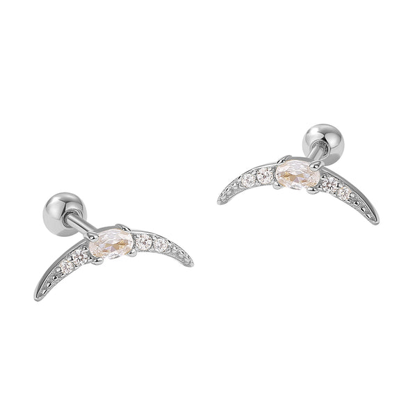 FE2054 925 Sterling Silver CZ Oval Moon Crescent Barbell Stud Earrings