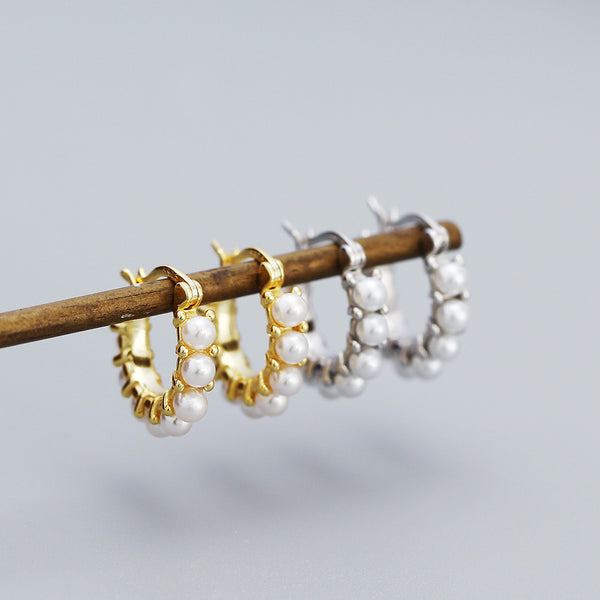 YHE0533 925 Sterling Silver Geometry Freshwater Pearl Chunky Hoop Earrings