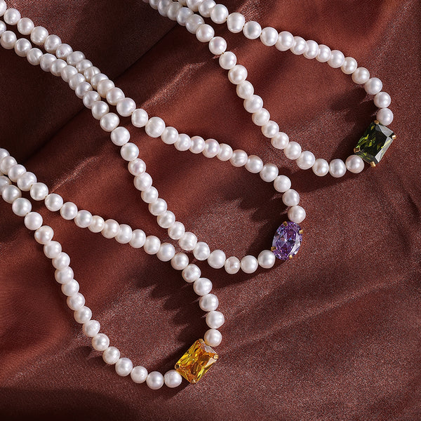 FX0811 925 Sterling Silver Purple CZ Freshwater Pearl Necklace