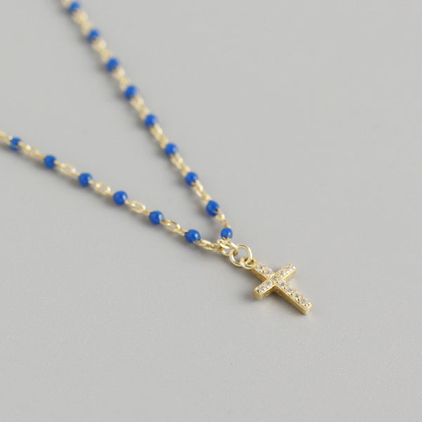 YHN060 925 Sterling Silver Stacked Cross CZ Drop Enamel Clavicle Chain Necklace