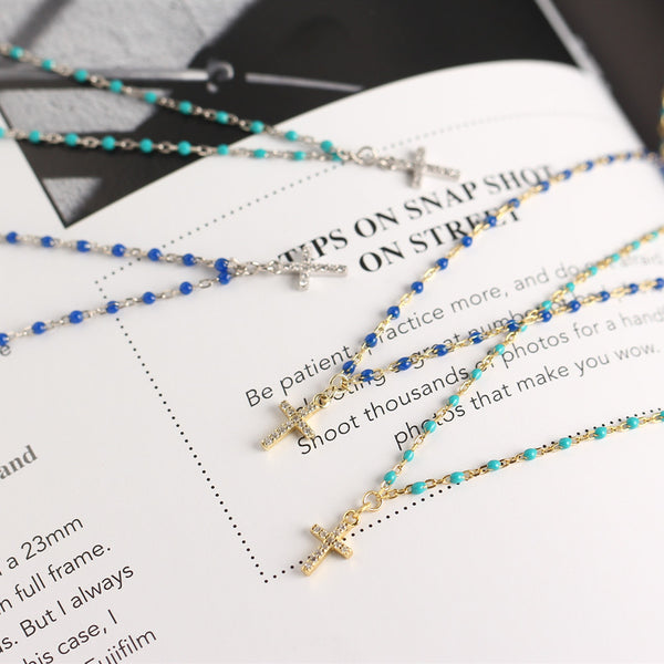 YHN060 925 Sterling Silver Stacked Cross CZ Drop Enamel Clavicle Chain Necklace