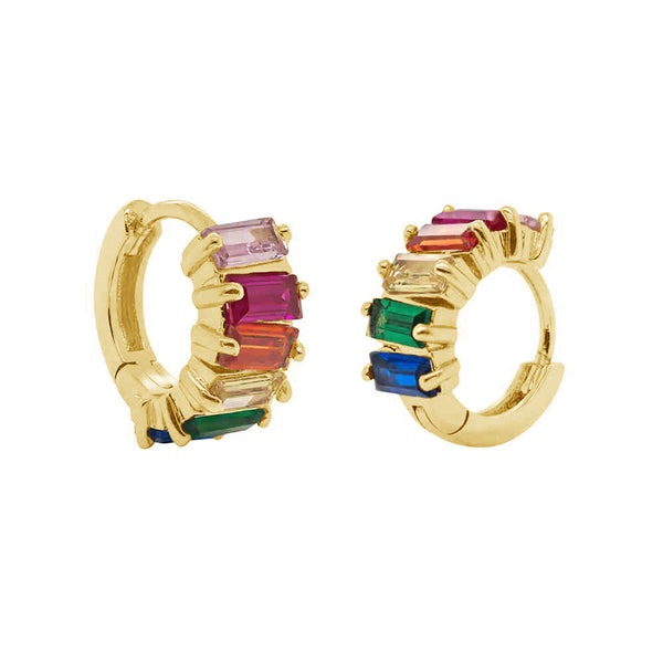 FE1258 925 Sterling Silver Rainbow Baguette Huggie Earrings