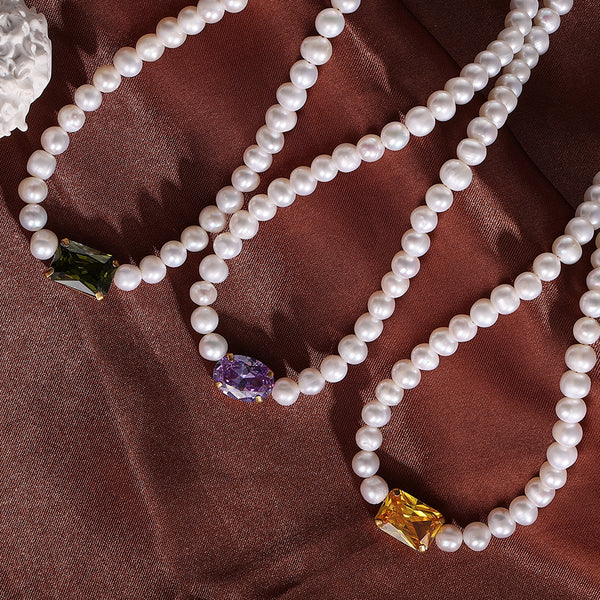 FX0810 925 Sterling Silver Yellow Zirconia Pearl Necklace