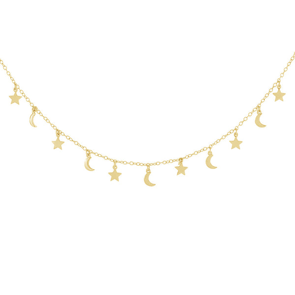 FX0200 925 Sterling Silver Moon & Star Choker Necklace