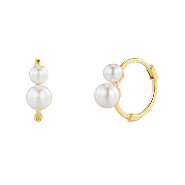 PE0039 925 Sterling Silver Big & Small Two Pearl Hoop Earrings