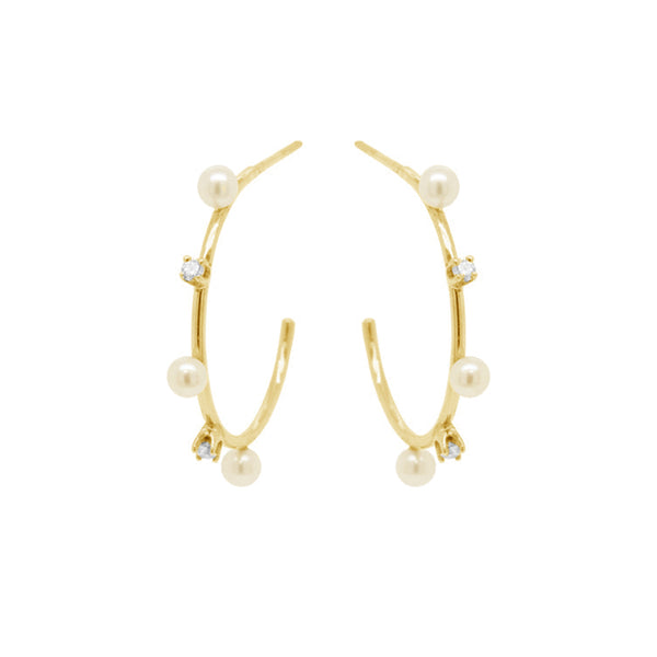 PE0025 925 Sterling Silver Prong Set Zirconia Tiny Pearl Hoops