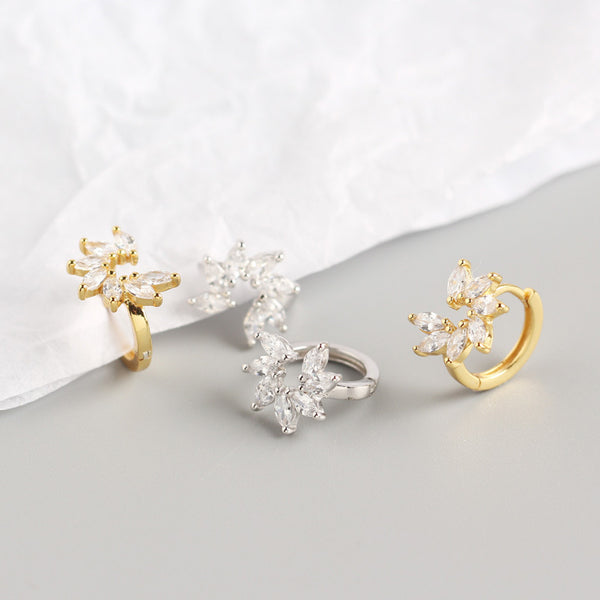 YHE0210 925 Sterling Silver Stacked CZ Flower Women Hoops Earring