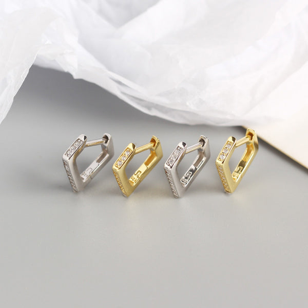 YHE0213 925 Sterling Silver Geometric Quadrilateral CZ Hoop Earring
