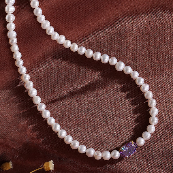 FX0811 925 Sterling Silver Purple CZ Freshwater Pearl Necklace